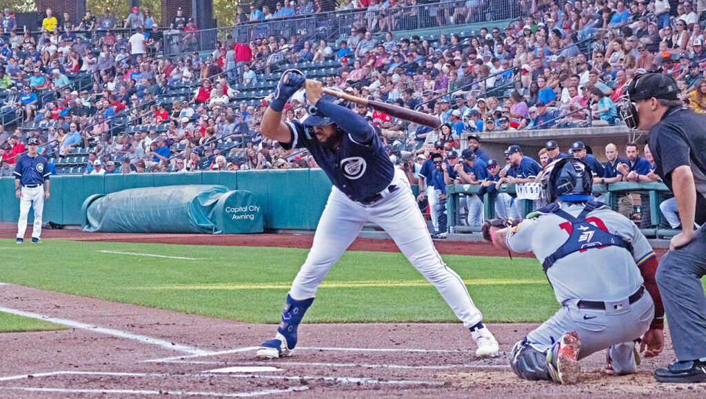 Columbus Clippers hitter George Valera takes inside pitch