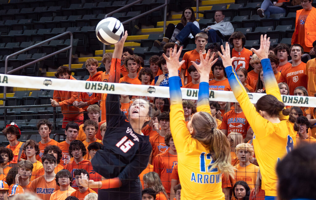 Olentangy Orange's Lily Barron hits volleyball at net