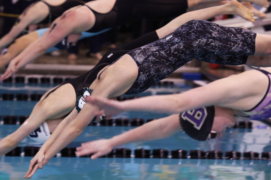 DII girl swimmers start 50 freestyle race