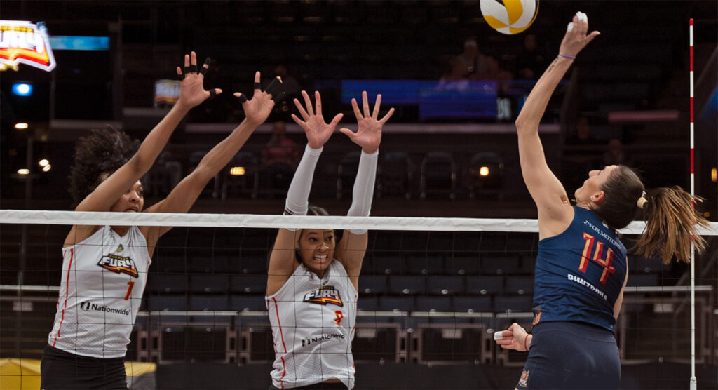 Fury's Rainelle Jones and Reagan Cooper block at the net