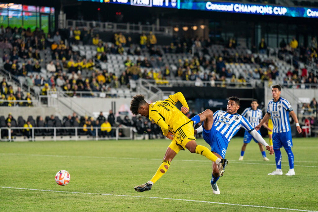 Crew's Jacen Russell-Rowe heads the ball for a goal