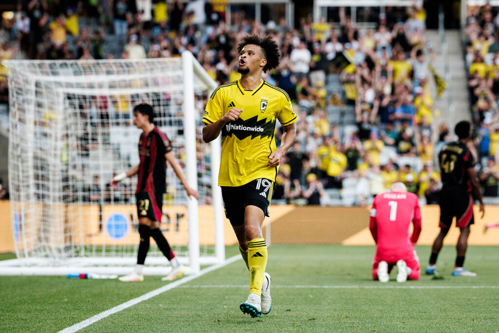 Crew Jacen Russell Rowe after goal courtesy Crew