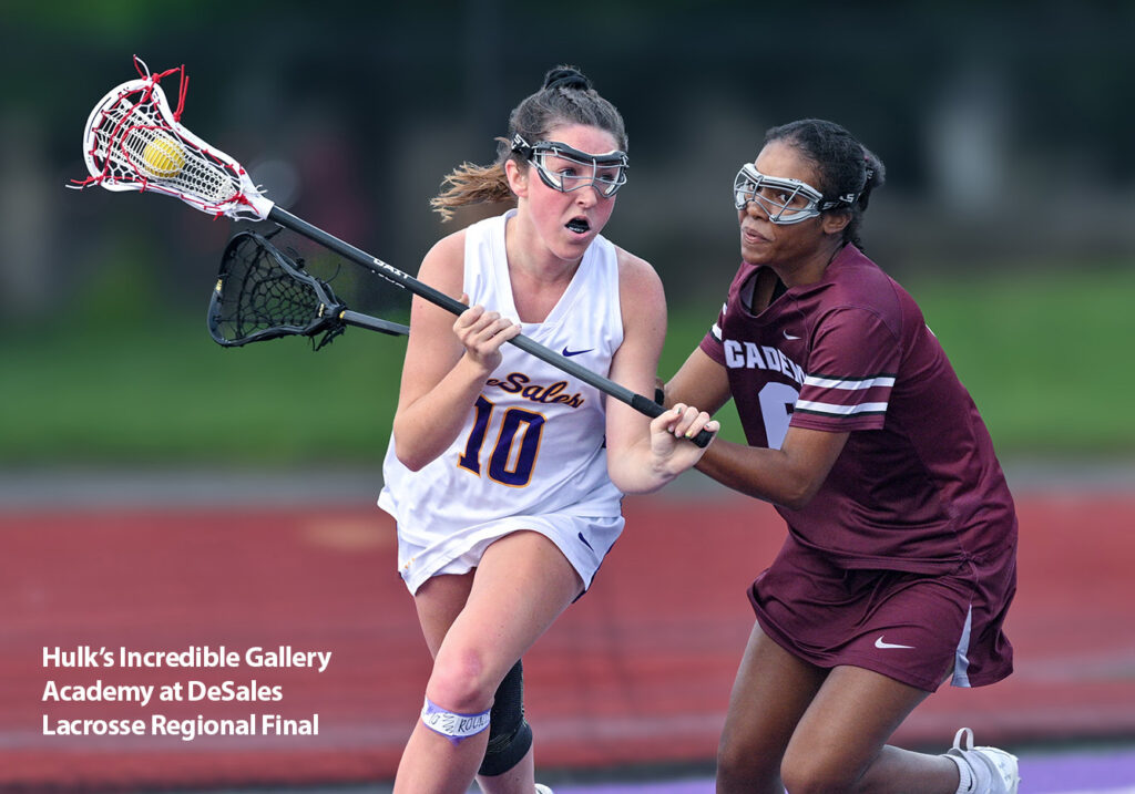 DeSales Campbell Heald attacks in lacrosse match