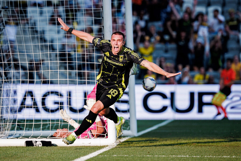 Crew Malte Amundsen celebrates goal