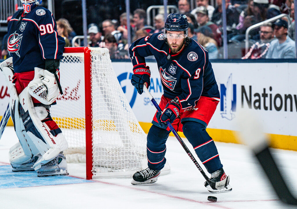CBJ Ivan Provorov at net with puck