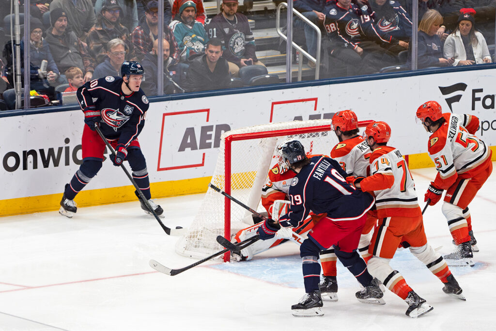 CBJ's Dmitri Voronkov waits for play in front of net