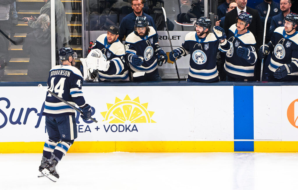 CBJ's Erik Gudbranson gets congrats from bench