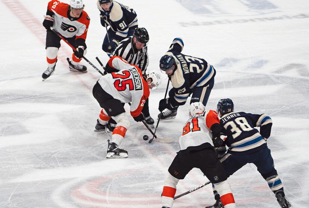 CBJ's Sean Monahan faces off