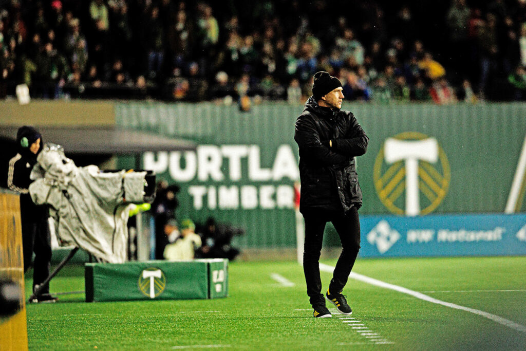 Crew head coach Henrik Rydstrom on sideline courtesey Crew