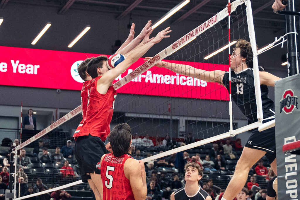 OSU's Aaron Grimm makes block with eye