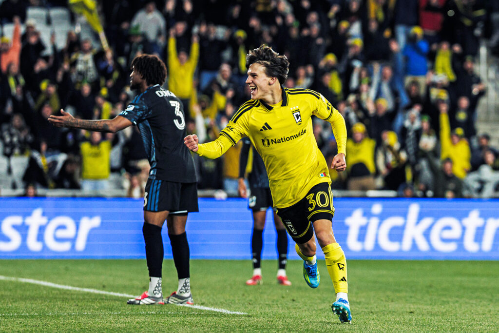 Crew's Hugo Picard celebrates