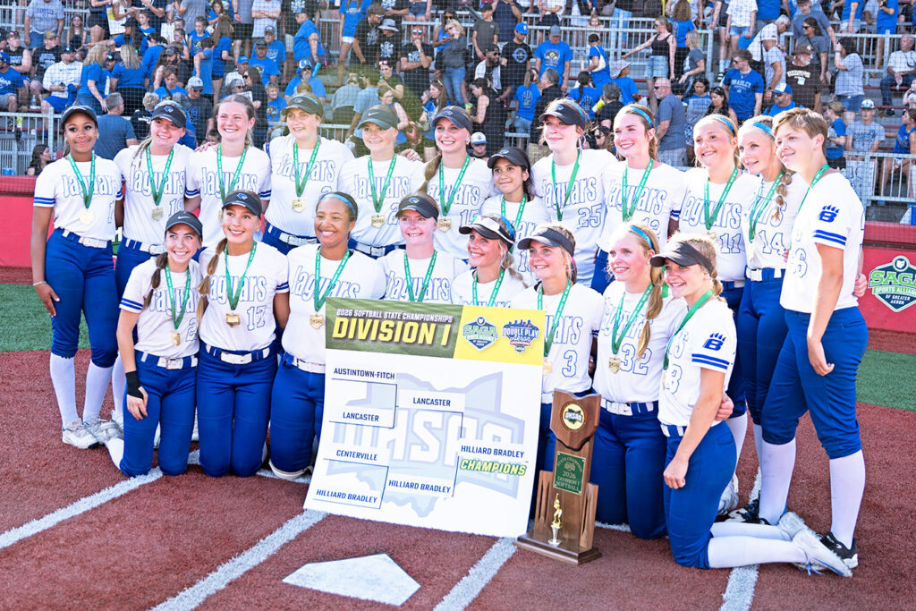 Bradley softball team with trophy