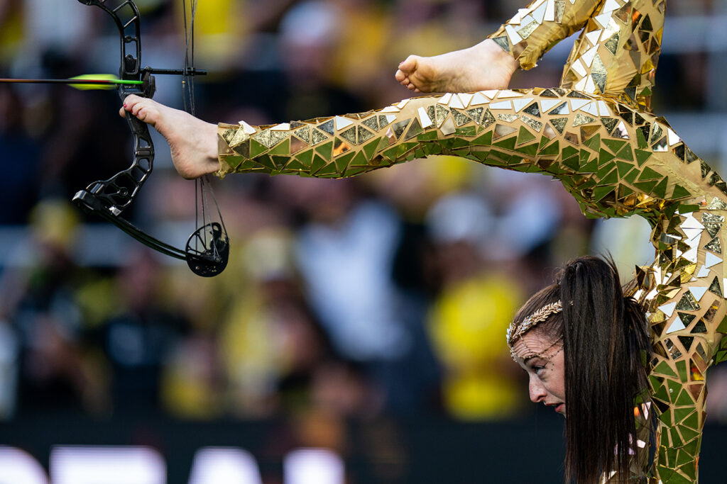 Fire foot archer Orissa Kelly at Crew halftime
