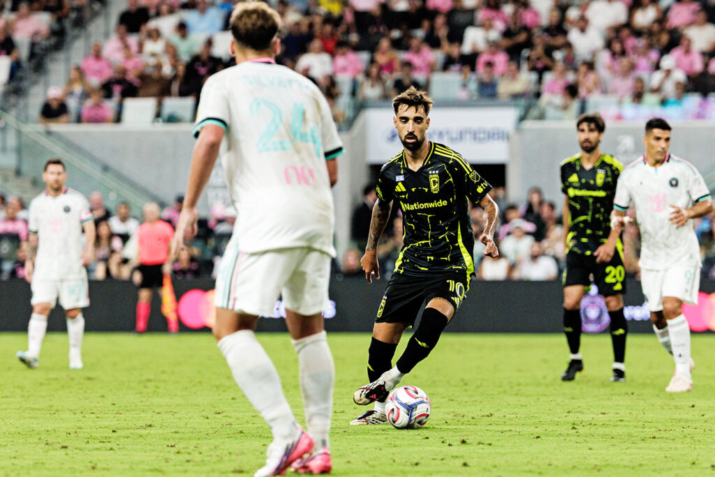 Crew's Brais Méndez works down the pitch
