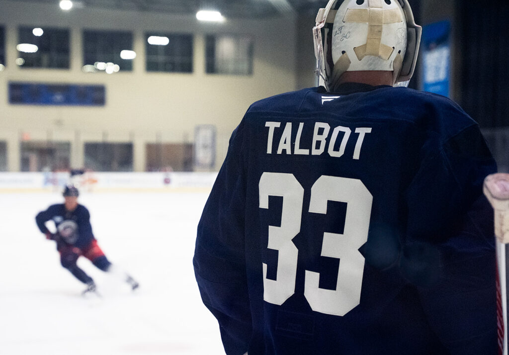 CBJ's Cam Talbot watches practice