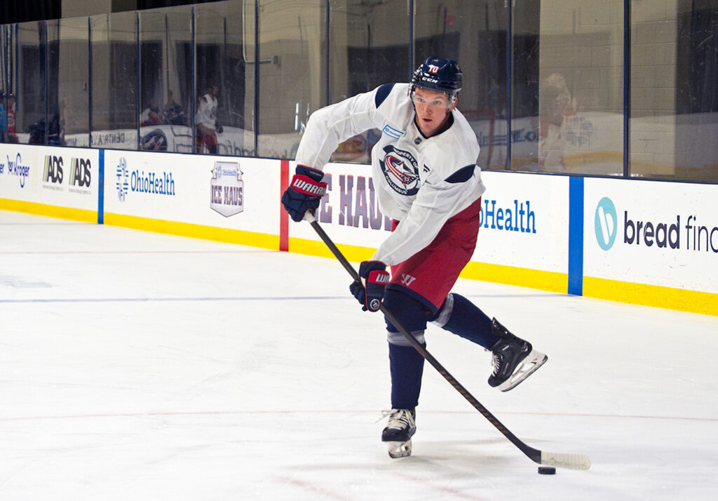 CBJ's Dmitri Voronkov shoots during practice