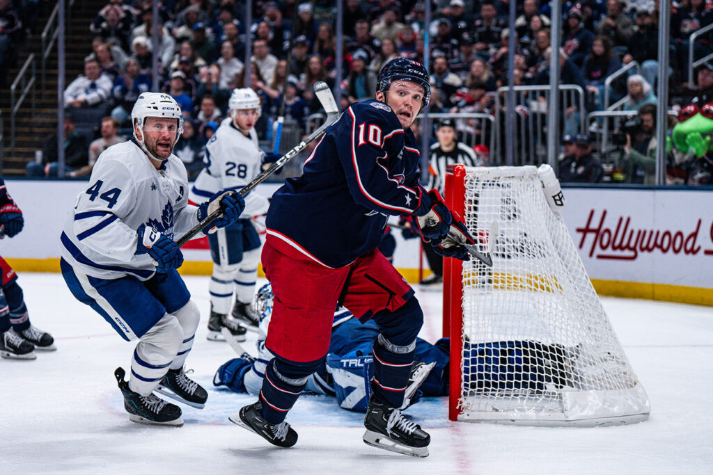 CBJ's Dmitri Voronkov reacts to puck