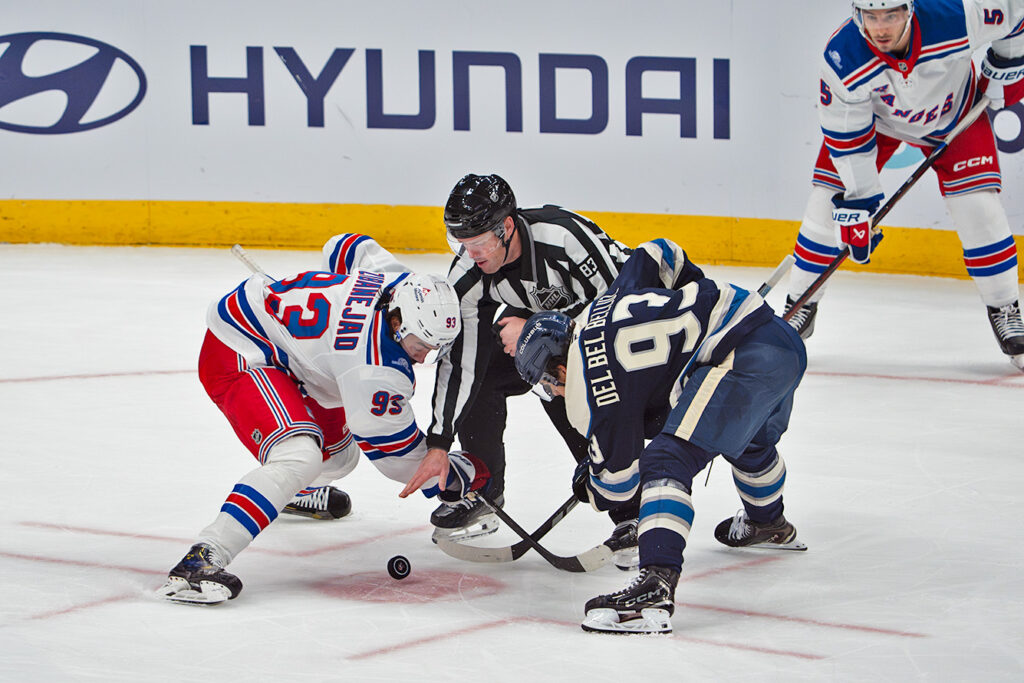 CBJ's Luca Del Bel Belluz faces off