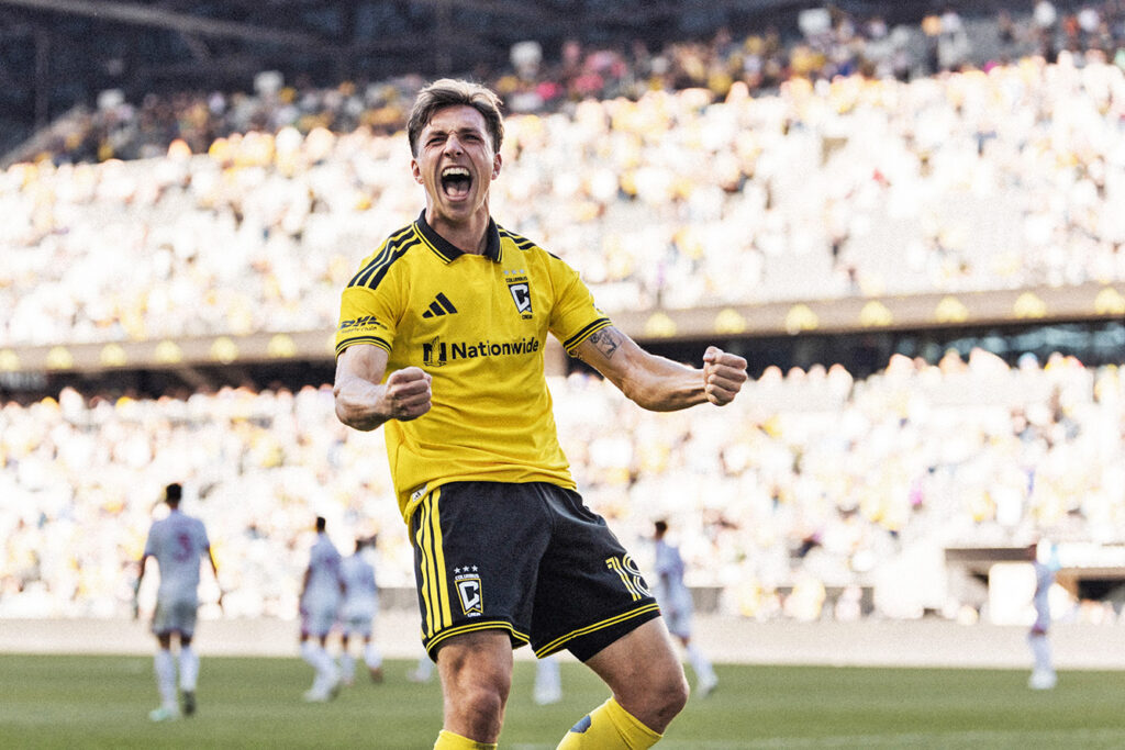 Crew's Malte Amundsen celebrates goal