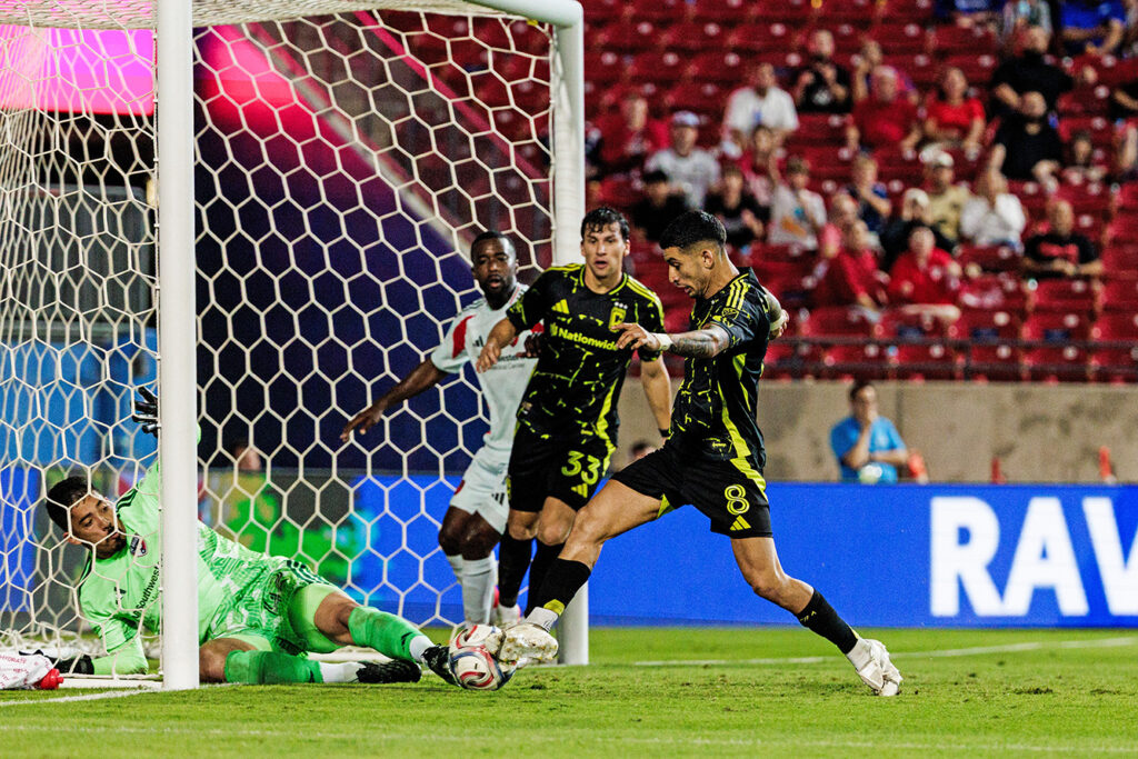 Crew's Santiago Rodriguez kicks at net